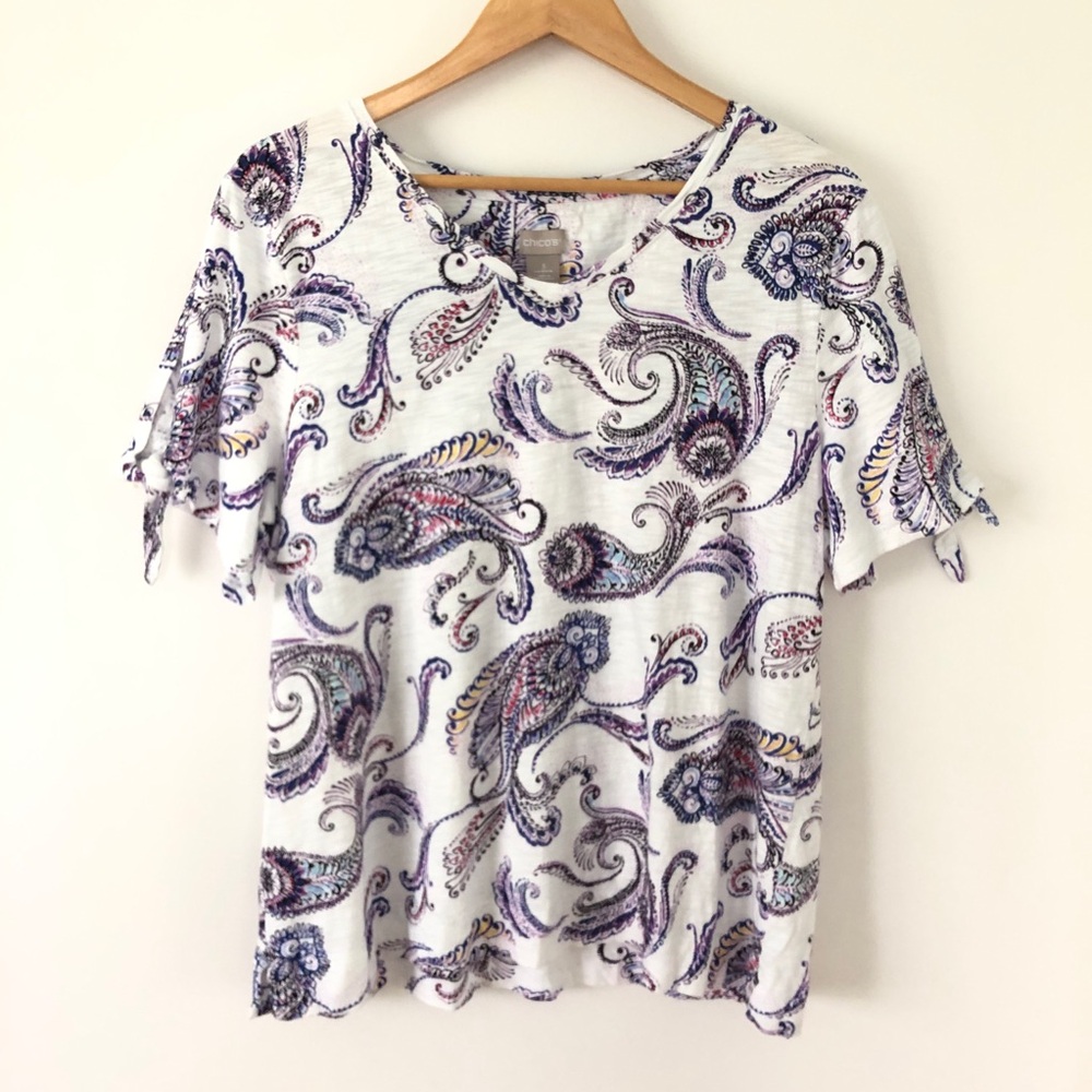 Chicos Top Womens XL White Purple Paisley Pullover Tie Sleeves Casual Tee